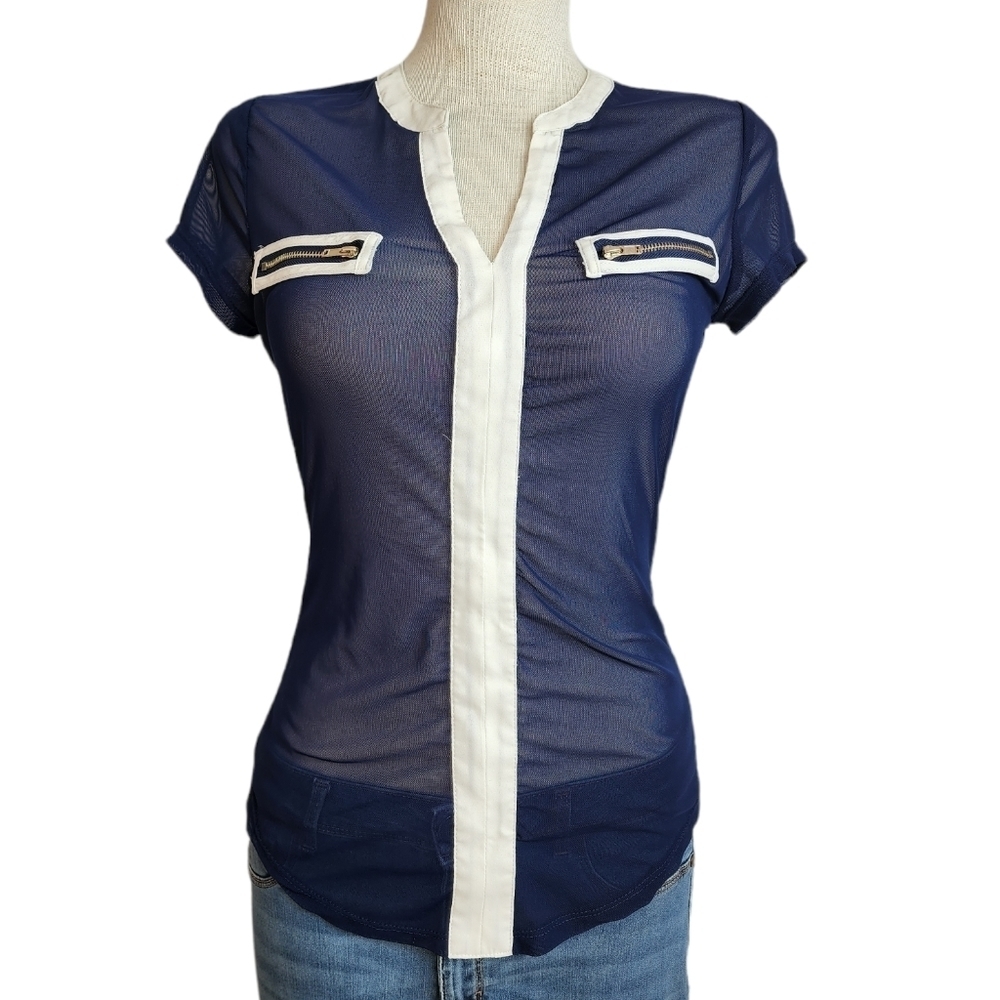 BANJUL Blue & White V - Neck Sheer Faux Zipper Short Sleeve Women's Top Size S